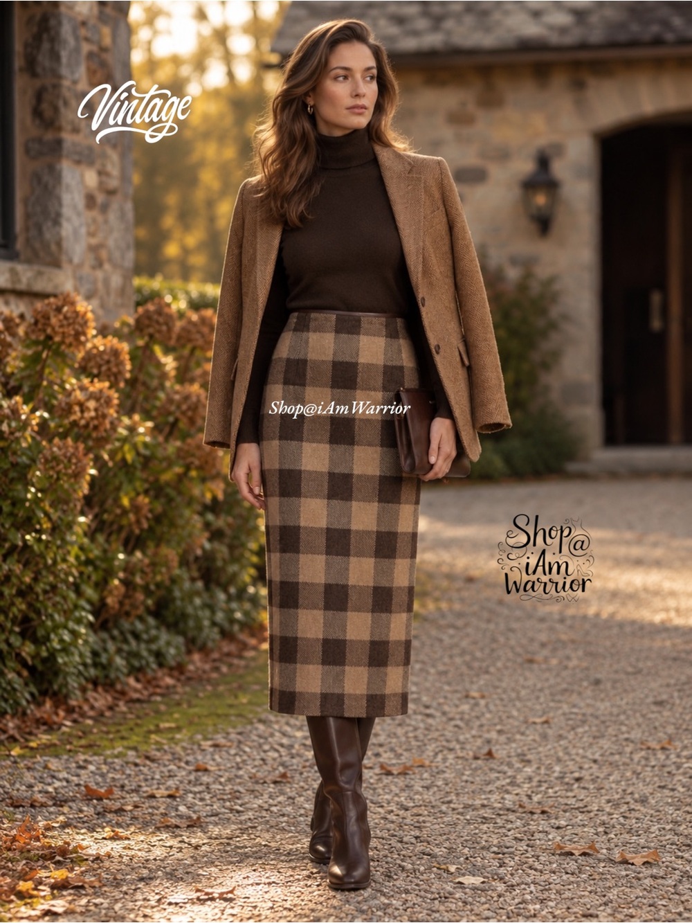 Vintage Wool Herringbone Chocolate Tan Plaid Leather Trim Equestrian Midi Skirt